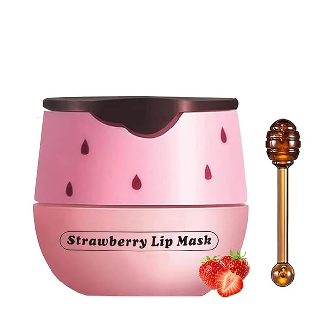 1 PCS Bee Lip Balm Lip Mask Honey Pot, Strawberry Moisturizing Sleeping Lip Mask Overnight with Sticks, Lip Balm Honey Pot Lip Balm Hydrating Prevention Dry and Crack Lip Scrubs Exfoliator-Velvo Beauty