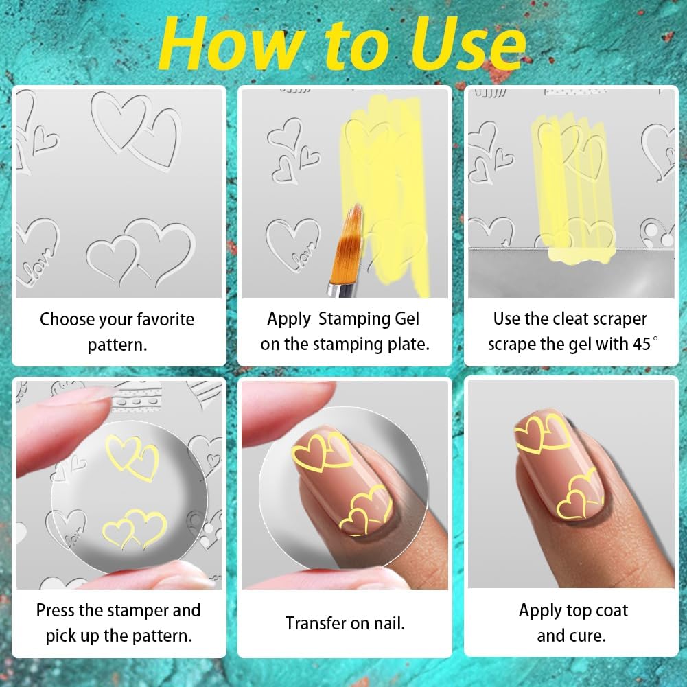 3Pcs Bow Nail Stamping Plate Set Girly Elements Romantic Heart Shape Stainless Steel Nail Stamp Templates Clear Silicone Nails Stamping with Stamper Scraper for Manicure Printing-Velvo Beauty