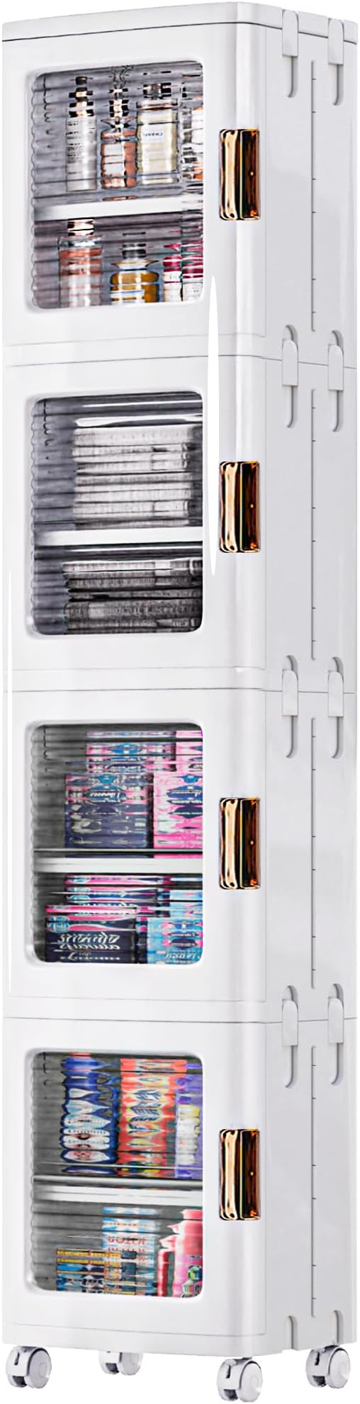 VECELO 4-Tier Plastic Tall Narrow Storage Cabinet with Movable Wheels, Adjustable Shelves, Magnetic Doors, Slim Bathroom Organizers and Storage for Small Space, Bathroom, Kitchen, Laundry, White-Velvo Beauty