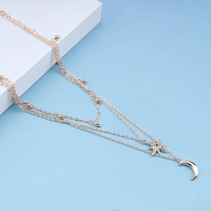 Bohemia Layered Star Choker Necklace Crescent Moon Pendant Necklace Chain Crystal Star Choker Necklace Gold Moon Necklace Jewelry for Women and Girls-Velvo Beauty