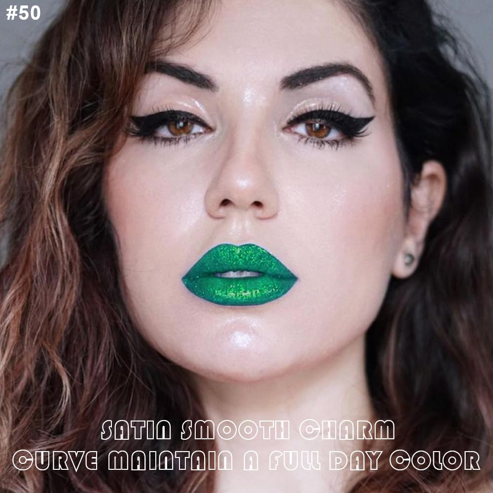 evpct 2Pcs Green Shimmer Glitter Shiny Liquid Lipstick Lip Gloss Stain and Retractable Lip Liner Makeup Set for Women Long Lasting Waterproof 24 Hours Lipstick labial mate larga duracion 24 50#-Velvo Beauty