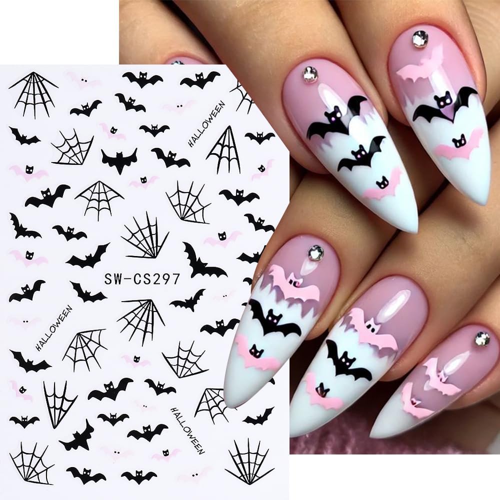 Halloween Nail Art Stickers Ghost Nail Decals 3D Horror Ghost Skull Spider Web Bat Pumpkin Butterfly Self-Adhesive Decals Designs Halloween Nail Supplies for Women Manicure Decorations 3 Sheets-Velvo Beauty