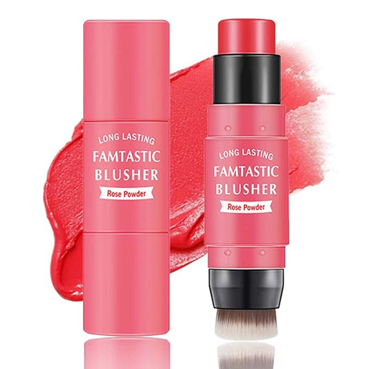 Cream Blush Stick,Blush Stick for Cheeks with Contour Brush,3-in-1 Long Lasting Waterproof Blush&Eye Shadow&Lip Gloss for All Skin Types（02 Rose Pink）-Velvo Beauty