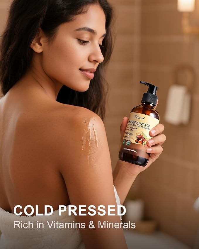 Yoken Organic Jojoba Oil Glass Bottle 8 fl oz, USDA Certified 100% Pure & Natural Jojoba Oil for Hair, Skin & Face, Cold Pressed Unrefined Hexane Free, Deeply Moisturizing Body Serum Oils for Gua Sha-Velvo Beauty