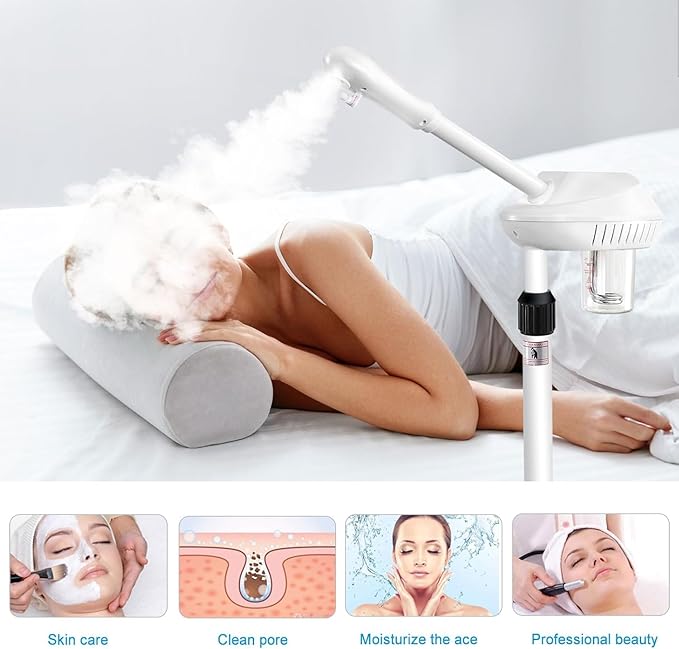 Professional Facial Steamer on Wheels, Esthetician Steamer with Hot Ozone Mist, Stand Face Steamer for Facial Deep Cleaning, Steamer for Facial for Personal Care or Spa, White-Velvo Beauty