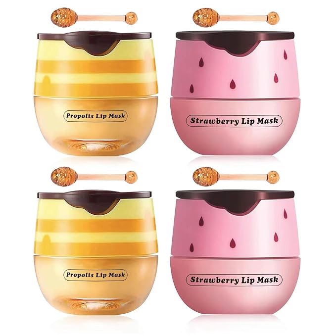 4 Pcs Strawberry & Honey Lip Balm, Vitamin E Lip Masks Moisturizing Propolis Sleeping Lip Mask, Hydrating & Prevention Dry and Cracked Lip Scrubs Exfoliator (2 Pack Strawberry + 2 Pack Honey)-Velvo Beauty