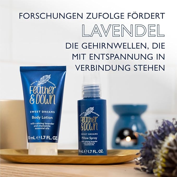 Feather & Down Straight to Sleep Gift Set: 50ml Pillow Spray & 50ml Body Lotion, The Perfect Sleep Duo, Infused with Lavender & Chamomile Essential Oils, Vegan & Cruelty Free-Velvo Beauty