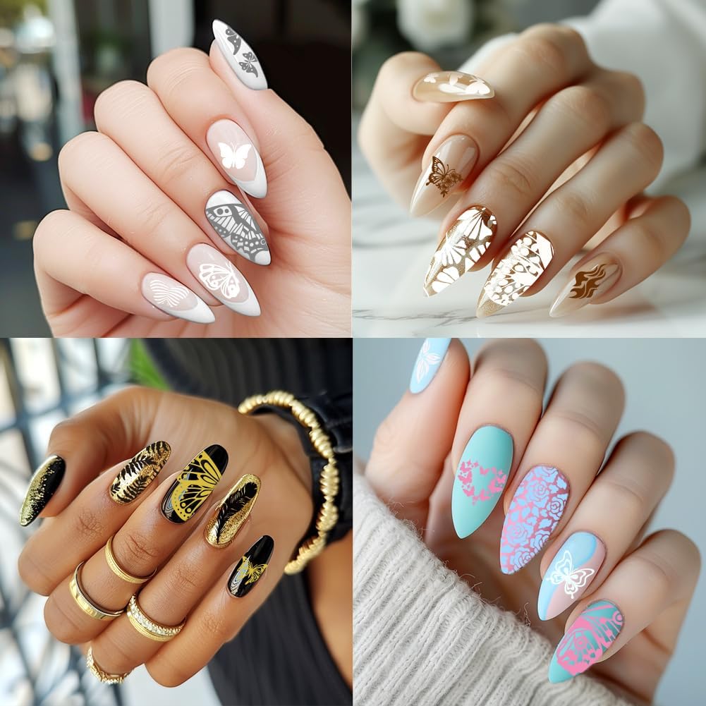 3Pcs Butterfly Nail Stamping Plate Set Floral Ginkgo Maple Leaves Stainless Steel Nail Stamp Templates Clear Silicone Nails Stamping with Stamper Scraper for Manicure Printing-Velvo Beauty