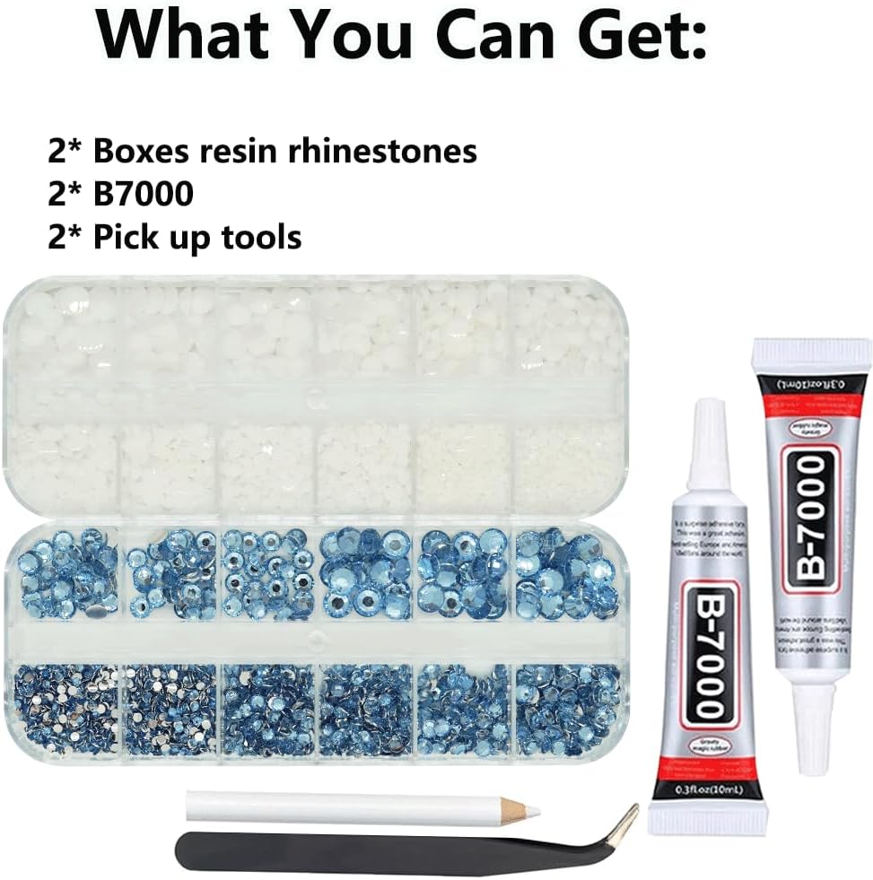 Light Blue White Rhinestones for Bedazzling With B7000 Glue, 2mm 3mm 4mm 5mm 6mm (SS8-SS30) Non-Hotfix Flatback Baby Blue White Nail Crystals Gems Beads for Bedazzle Crafting, DIY Nail Art-Velvo Beauty