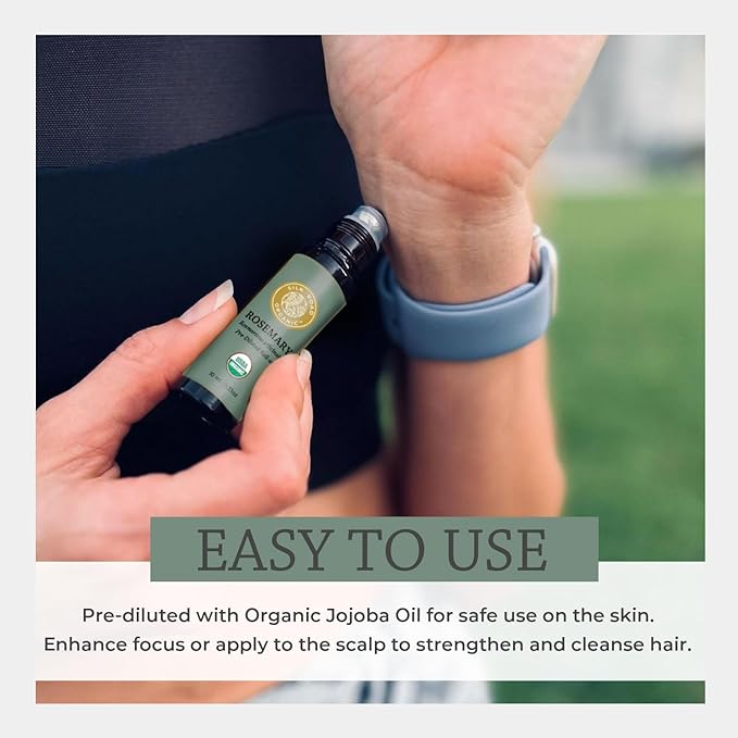Silk Road Organic Rosemary Essential Oil & Jojoba Roll On, 100% Pure USDA Certified Aromatherapy to Improve Memory & Focus & Hair Health - 10 ml Roller-Velvo Beauty