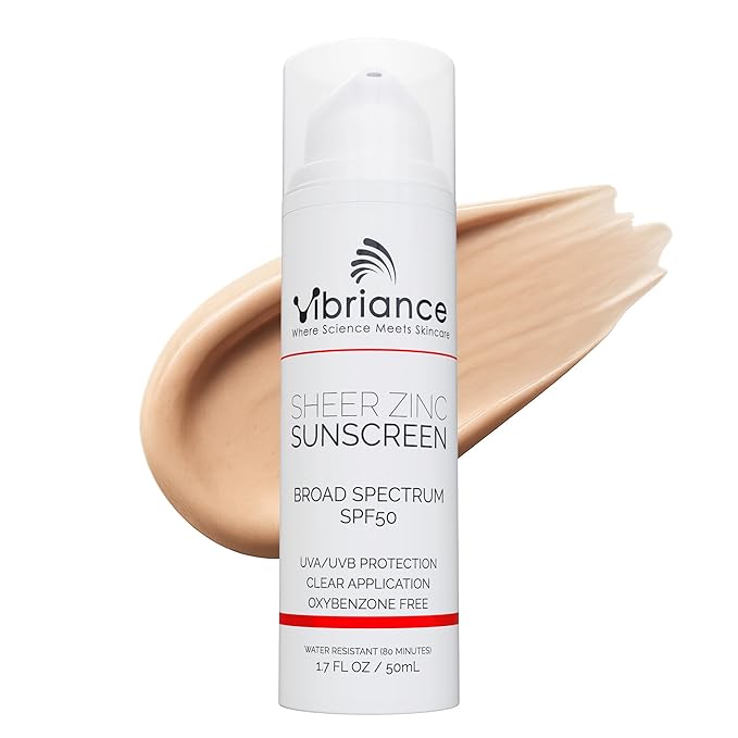 Vibriance Sheer Zinc Sunscreen - Tinted Sunscreen for Face SPF 50, Lightweight Facial Moisturizer with Niacinamide, Hyaluronic Acid - 1.7 fl oz-Velvo Beauty