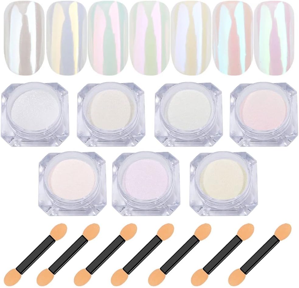 7 Colors Chrome Nail Powder Aurora Metallic Holographic Mirror Effect Dip Nail Powder Kit, White Pearl Iridescent Shell Powder Glitter Nail Art Pigment Manicure for Nails-Velvo Beauty