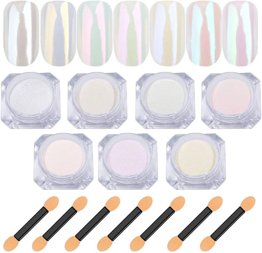 7 Colors Chrome Nail Powder Aurora Metallic Holographic Mirror Effect Dip Nail Powder Kit, White Pearl Iridescent Shell Powder Glitter Nail Art Pigment Manicure for Nails-Velvo Beauty
