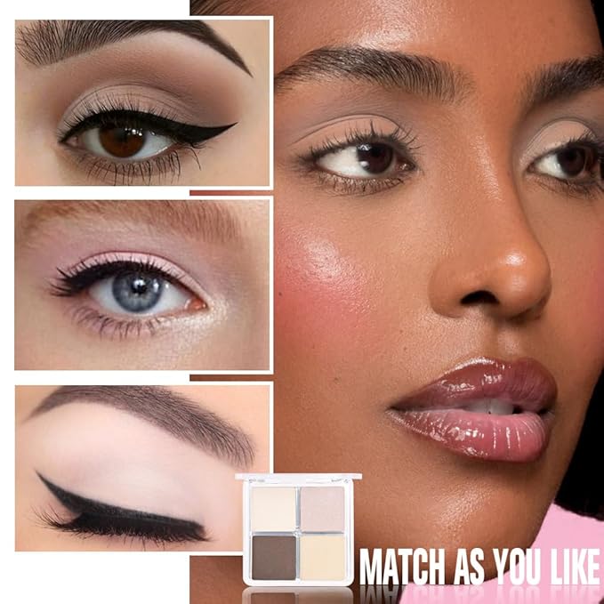 4 Colors Beige Nude Brown Pink Yellow Eye Shadow Powder Palette Makeup, Neutral Travel Matte Shimmer Creme QuadsEyeshadow Palette for Women Highly Pigmented Waterproof, paleta de sombras de ojos 01-Velvo Beauty