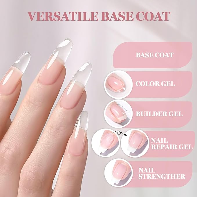 RARJSM Nude Fiber Glass Rubber Base Gel Nail Polish Set 6pcs for Repair Broken Nails Clear Milky White Jelly Rose Pink Strengthener Base Coat Transparent Brush on Building Gel in a Bottle 7.5ml-Velvo Beauty