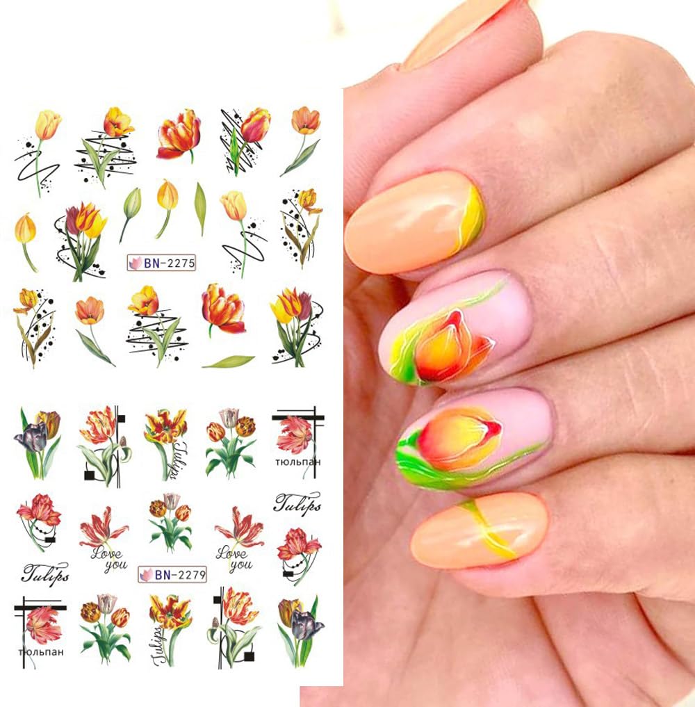 Flowers Nail Art Stickers Decals Tulip Floral Leaf Watercolor Nail Art Decals Transfer Foils for Nails Supply Butterfly Flowers Designs Nail Tattoo Sliders for Women DIY Manicure Nail Decoration 12PCS-Velvo Beauty