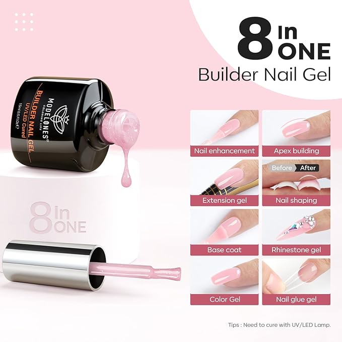 modelones Builder Nail Gel, 8-in-One Nude Pink Glitter Builder, Rainbow Iridescent Shimmer Nail Gel Polish, Jelly Pink Sparkle LED Lamp Cured Hard Rubber Color Base for Home DIY Salon Girls-Velvo Beauty