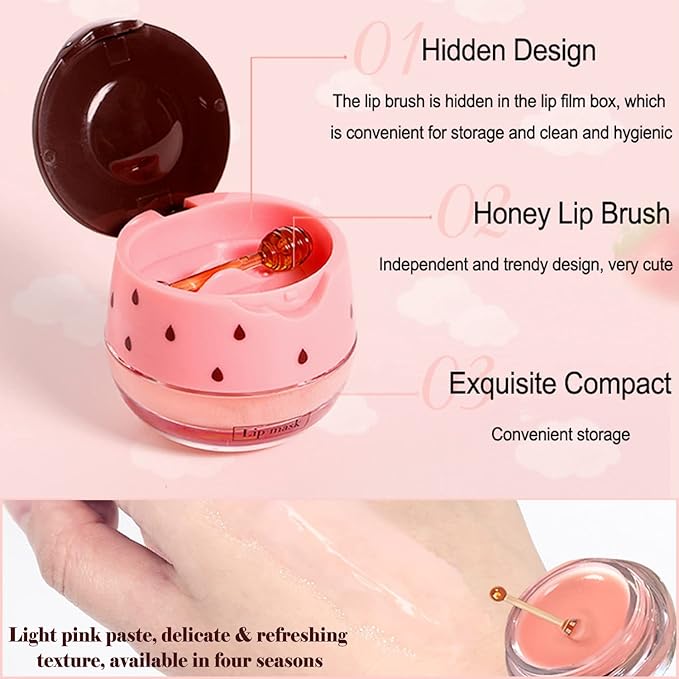 2PCS Strawberry Sleeping Lip Mask,Bee Lip Balm Lip Mask Honey Pot Propolis Moisturizing Lip Balm with Stick,Plumping Lip Hydrating Prevention Dry & Cracked Lip Scrubs Exfoliato Lip Wrinkle Care-Velvo Beauty