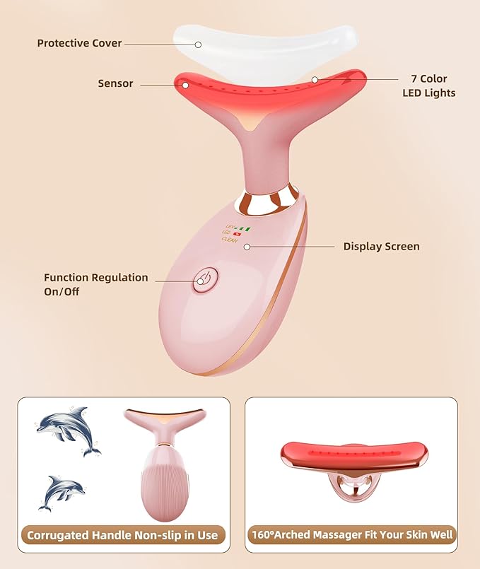 7 Color Face and Neck Massager Light Therapy, Red Light Based Facial Massager for Skin Care, Firming, Smoothing (Rose Golden)-Velvo Beauty