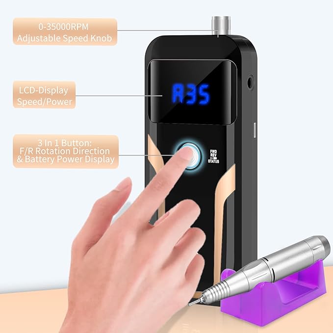 Portable Nail Drill Professional 35000 RPM, MOCOWIND Rechargeable Electric Nail File Machine for Acrylic Nails Gel Polishing Removing, Cordless E-File with Bits Kit for Manicure Salon Home, Black-Velvo Beauty