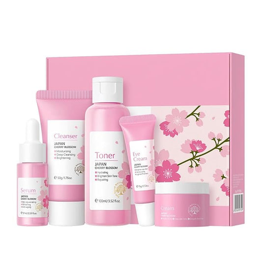 Greyghost Skin Care Set for Teenage Girls Women, 5 Pcs Cherry Blossom Skincare Set - Cleanser, Toner, Serum, Eye cream, Cream, Gentle Skin Cleaning & Care Gift Set, Travel Size Skin Care Set-Velvo Beauty