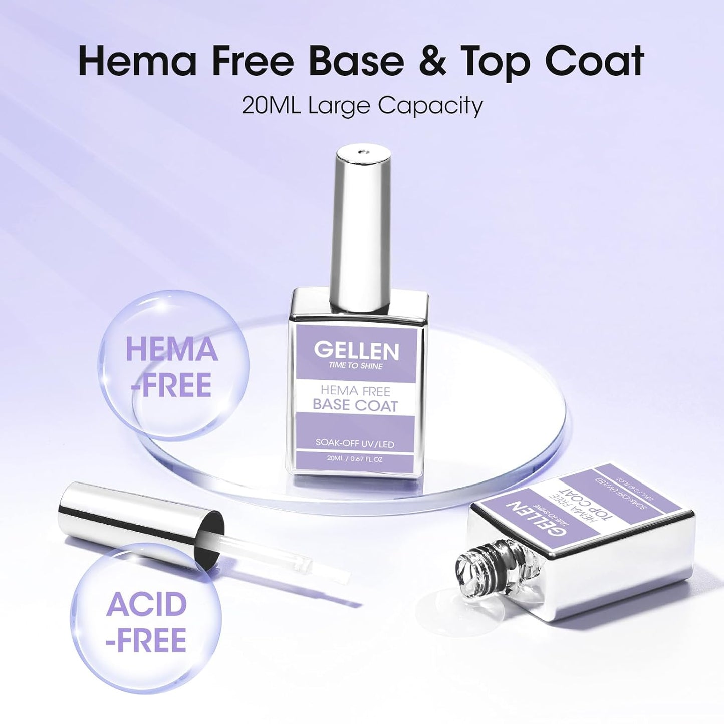 GELLEN 20ml Gel Base and Top Coat, Hema-Free Glossy Top Coat and Base Coat for Gel Nail Polish, No Wipe Soak Off Curing Needed Clear Nail Polish, Easy DIY Manicure Set-Velvo Beauty