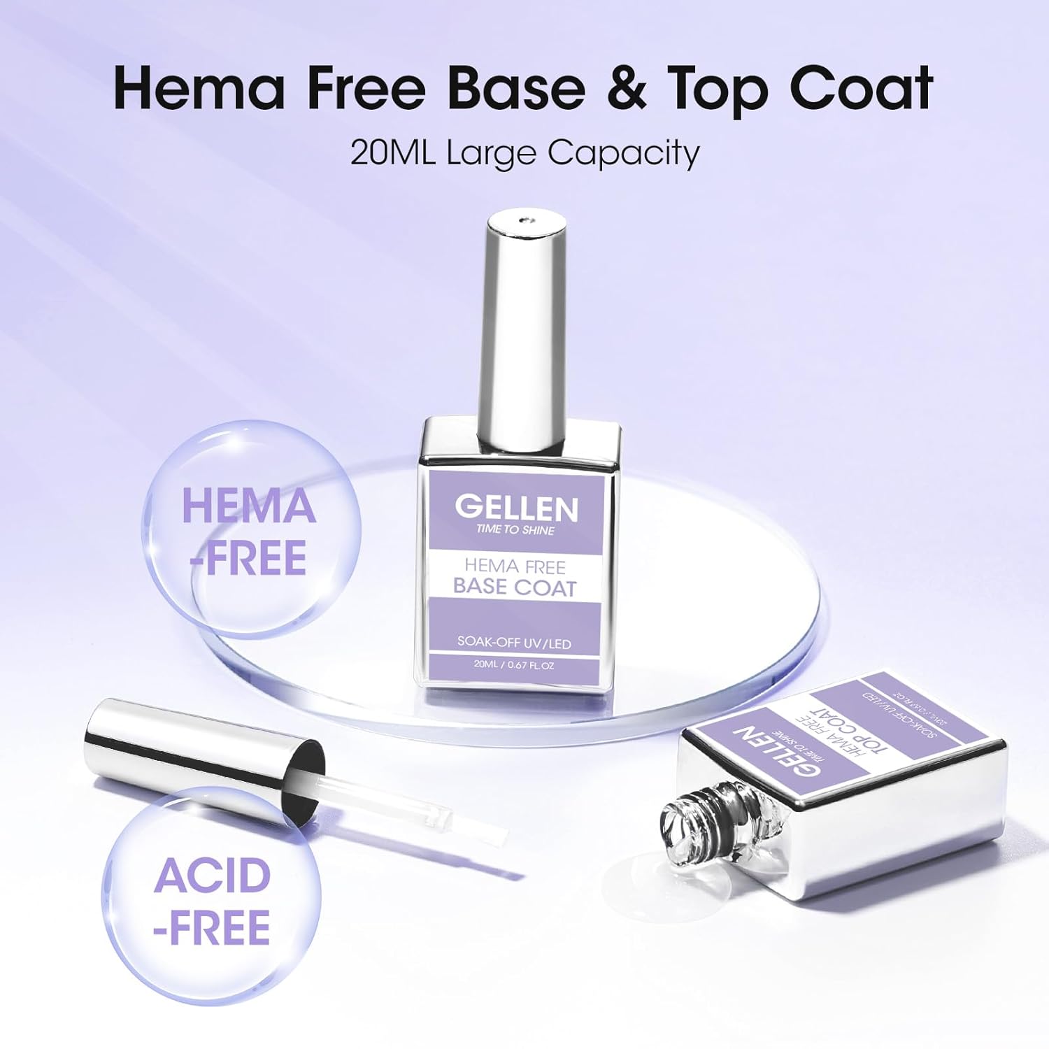 GELLEN 20ml Gel Base and Top Coat, Hema-Free Glossy Top Coat and Base Coat for Gel Nail Polish, No Wipe Soak Off Curing Needed Clear Nail Polish, Easy DIY Manicure Set-Velvo Beauty