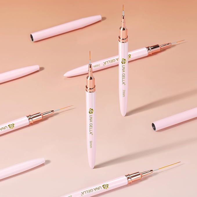 UNA GELLA Nail Art Brushes Metallic, 5 Count Liner Pens Set For Nail Art Gel Polish, Detail Nail Art Design Painting Brush Set For Nails Gel Fine Drawing Nail Tools, Sizes 7/9/11/15/25mm-Velvo Beauty