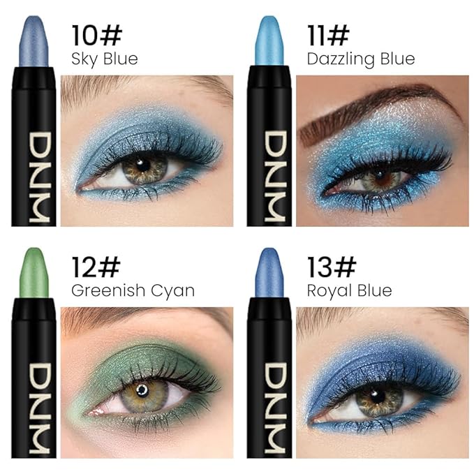 Kaely 4Pcs Metallic Shimmer Eye Shadow Sticks Set, Sky Blue Dazzling Blue Greenish Cyan Royal Blue, Eyeliner Pencil Eyeshadow Palette Halloween Makeup, Eye Highlighter Brightener Stick for Women-Velvo Beauty