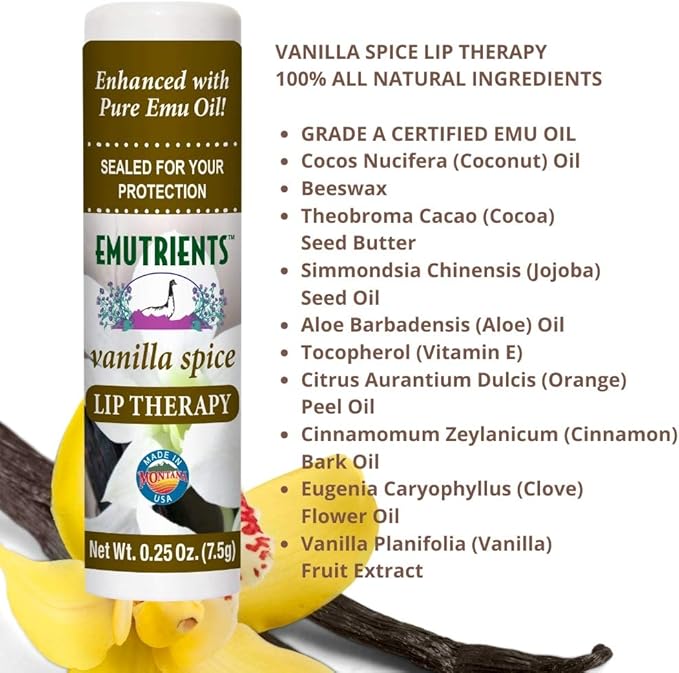 Montana Emu Ranch - Lip Therapy Lip Balm - 0.25 Ounce - Vanilla Spice Flavor - 3 Pack - Made with Pure Emu Oil-Velvo Beauty