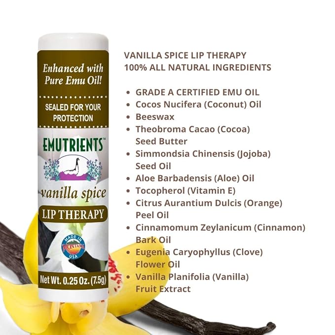 Montana Emu Ranch - Lip Therapy Lip Balm 0.25 Ounce - Vanilla Spice Flavor - Enhanced with Pure Emu Oil-Velvo Beauty