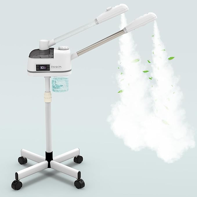 TASALON 2 in 1 Professional Facial Steamer on Wheels -with Ozone and Hot & Cold Mist, Ionic Facial Steamer Kit for Facial Deep Cleaning and Moisturize, SPA & Home, Ozone Face Humidifier (White)-Velvo Beauty