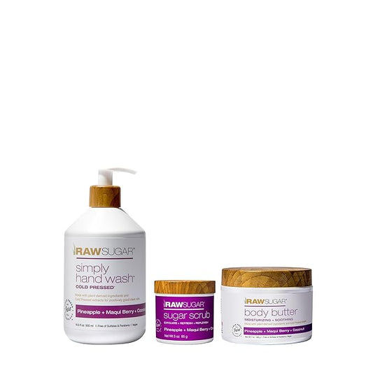 Raw Sugar Pineapple + Maqui Berry + Coconut Hand Soap, Body Scrub & Body Butter Bundle, Body Care for Dry Skin, Exfoliate and Moisturize, Hand Wash + Body Care - Formulated without Sulates and Paraben-Velvo Beauty