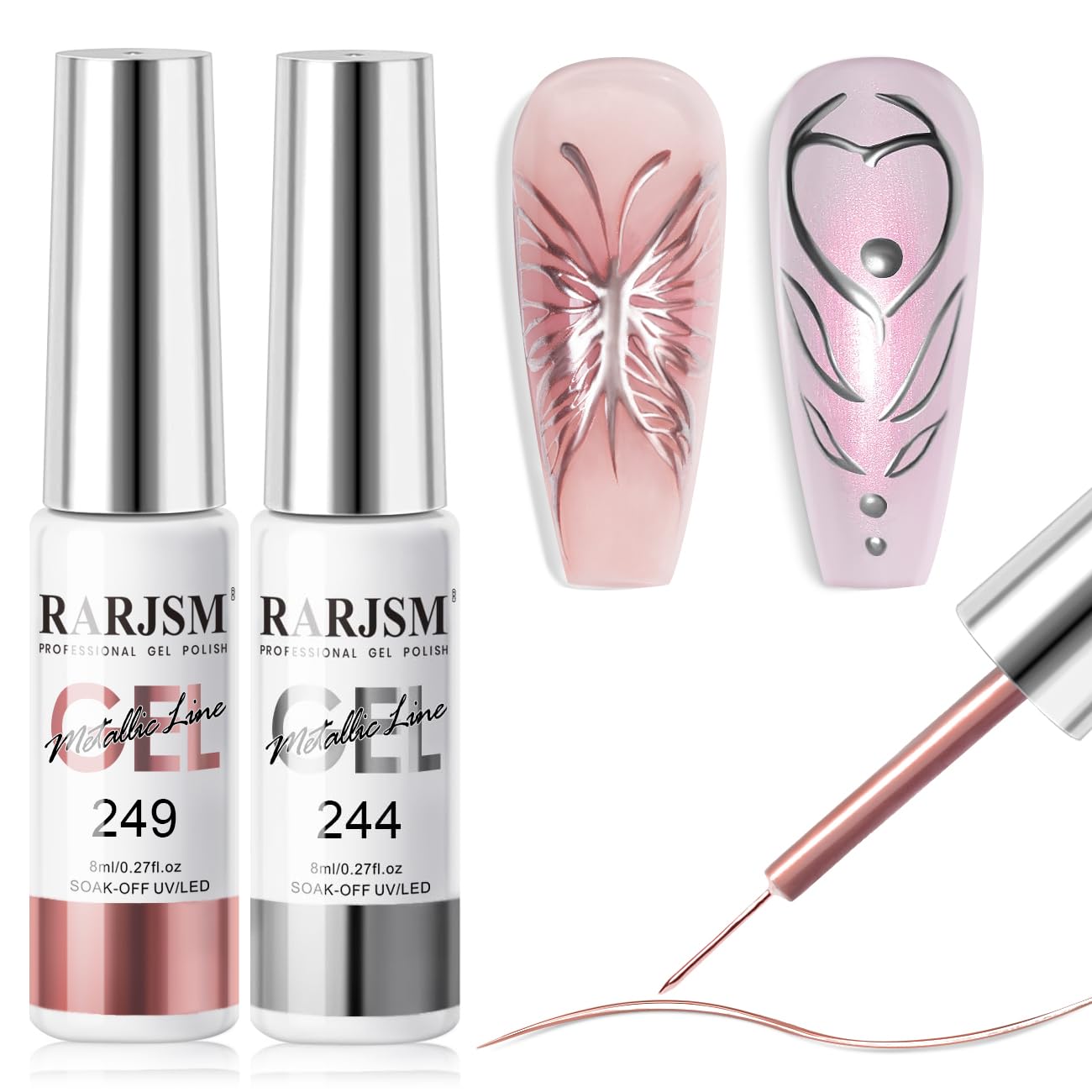 RARJSM Metallic Chrome Gel Liner Nail Art 3D Mirror Silver and Rose Gold Effect Gel Nail Polish 8ml Painting Build in Thin Brush Metal Painted Drawing Striper Gel Polish Curing Requires for Home Salon-Velvo Beauty
