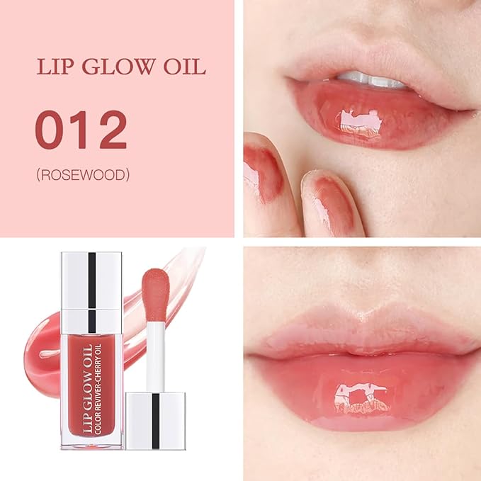 Hydrating Lip Glow Oil Moisturizing Plumping Lip Tint Lip Gloss Transparent Lip Balm Long Lasting Nourishing Repairing Lightening Lip Lines (012# ROSEWOOD)-Velvo Beauty