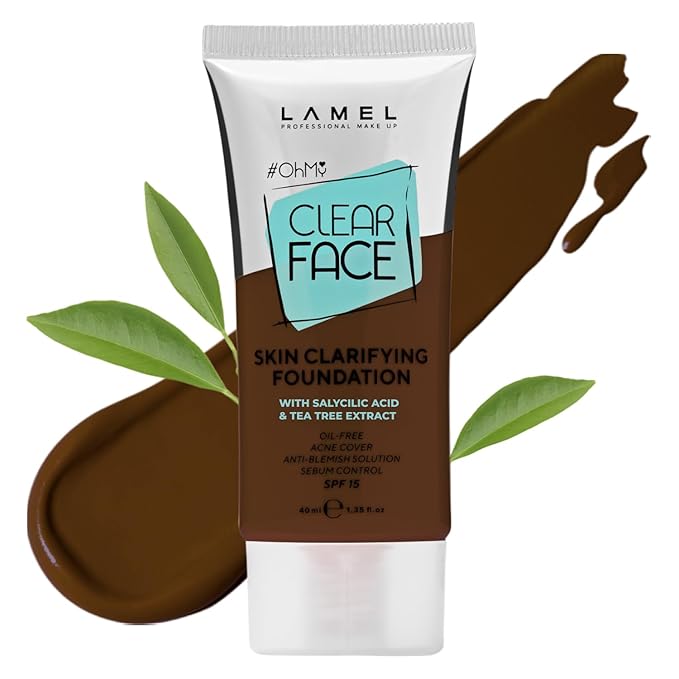 LAMEL OhMy Clear Face Full Coverage Foundation - Acne Coverage - Salicylic Acid & Tea Tree Extract - Dewy & Flawless Finish - Sensitive Skin Care - Organic & Oil-Free - 411, 1.35 fl.oz-Velvo Beauty