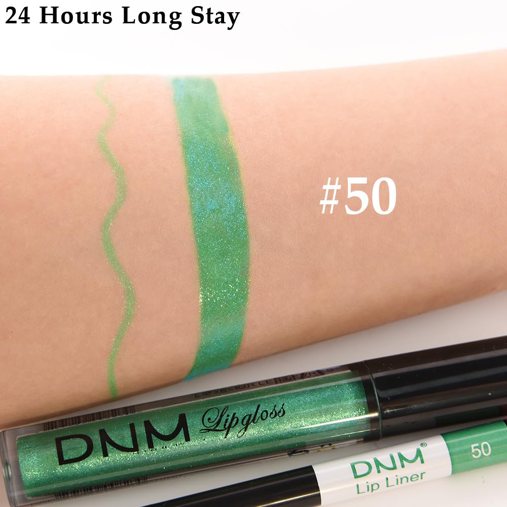 evpct 2Pcs Green Shimmer Glitter Shiny Liquid Lipstick Lip Gloss Stain and Retractable Lip Liner Makeup Set for Women Long Lasting Waterproof 24 Hours Lipstick labial mate larga duracion 24 50#-Velvo Beauty
