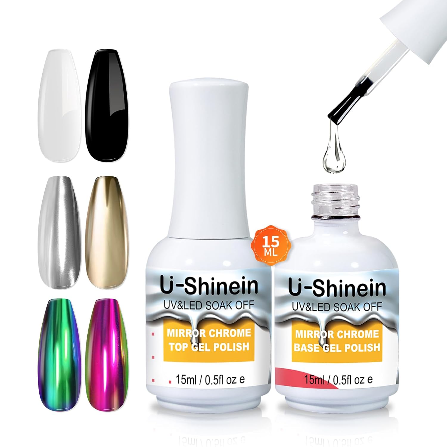 15ml Top Coat and Base Coat Set for Metallic Mirror Painting Gel, No Wipe Clear Top and Base Coat for Nail Polish, Chrome Nail Powder-Velvo Beauty