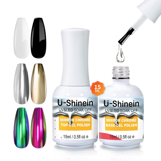 15ml Top Coat and Base Coat Set for Metallic Mirror Painting Gel, No Wipe Clear Top and Base Coat for Nail Polish, Chrome Nail Powder-Velvo Beauty