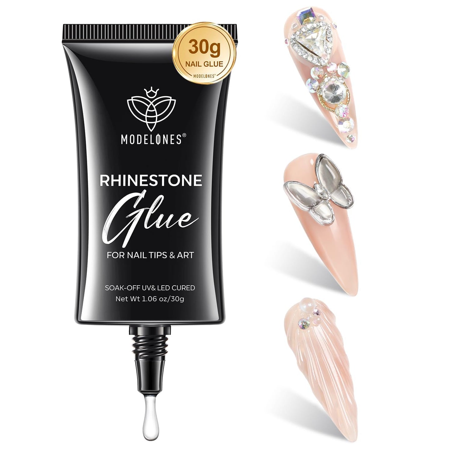 Modelones Manicure Tables Supports Growth 4-in-1 Rhinestone Glue - Super Strong for Press On Nails, Gems, Charms & Rhinestones, No Wipe Nail Art Glue, 30g Cured Needed-Velvo Beauty