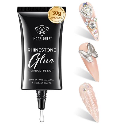 Modelones Manicure Tables Supports Growth 4-in-1 Rhinestone Glue - Super Strong for Press On Nails, Gems, Charms & Rhinestones, No Wipe Nail Art Glue, 30g Cured Needed-Velvo Beauty