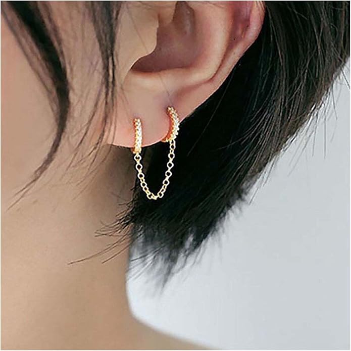 Boho Double Chain Hoop Earrings Gold Cz Hoop Chain Earrings Punk Dangle Chain Earrings Rhinestone Huggies Studs Earrings Jewelry for Women and Girls Gifts-Velvo Beauty