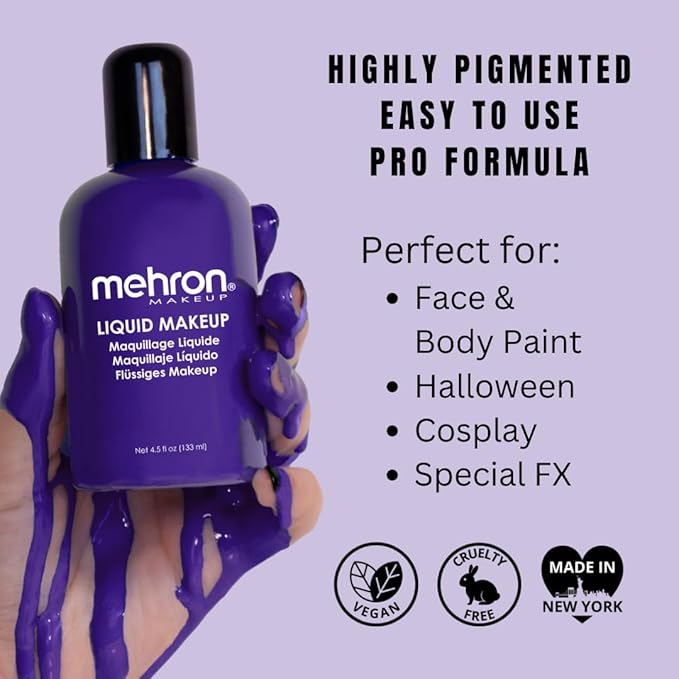 Mehron Makeup Liquid Makeup | Face Paint and Body Paint Perfect for Halloween, Cosplay I Air Brush Compatible 4.5 oz (133 ml) (PURPLE)-Velvo Beauty