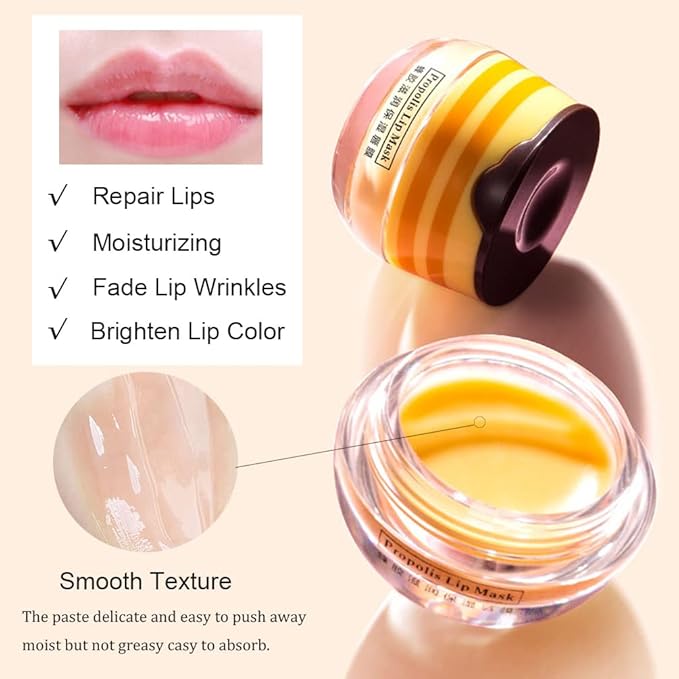 Bee Lip Balm Honey Pot, 2 PCS Strawberry & Honey Hydrating Prevention Dry and Cracked Lip Scrubs Exfoliator, Propolis Moisturizing Lip Sleep Mask Reduces Lip Lines, Lip Exfoliating Honey Bee Lip Mask-Velvo Beauty