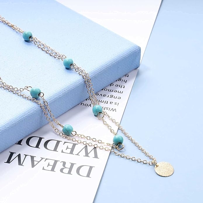 Boho Layered Coin Turquoise Necklace Gold Hammered Coin Disc Pendant Necklace Vintage Necklace Chain Jewelry for Women-Velvo Beauty