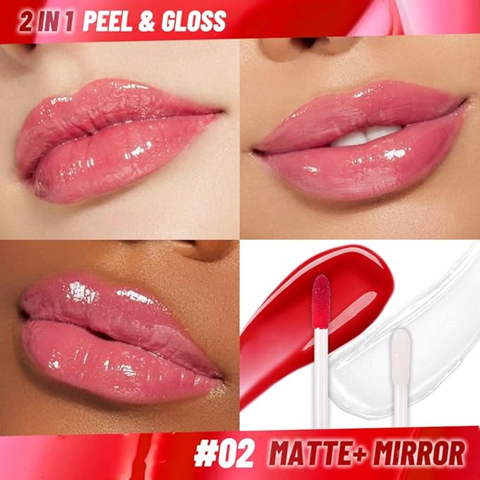 Dewy Rose Lip Stain Peel Off Lip Gloss oil Dual-Ended Combo, Lips Liner Stain Peel Off Tattoo, Long Lasting & Waterproof, Transfer-Proof Lip Tint Stain with Lip oil for All Skin Type 02#-Velvo Beauty