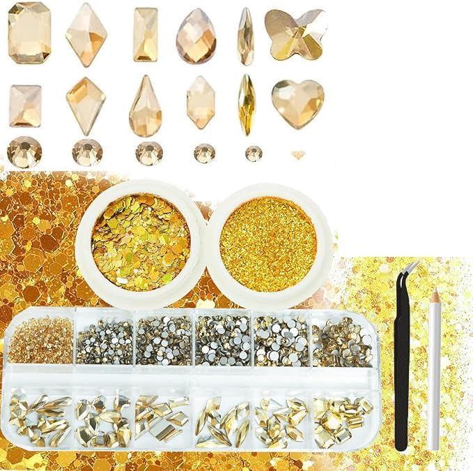 3 Boxes Champagne Gold Nail Rhinestones with Fine Glitters Kit, 60Pcs Big Glass Nail Gems with S6-S16 Flatback Round Stones,Crystals Nail Gem Stones for Faces Body DIY Crafts-Velvo Beauty
