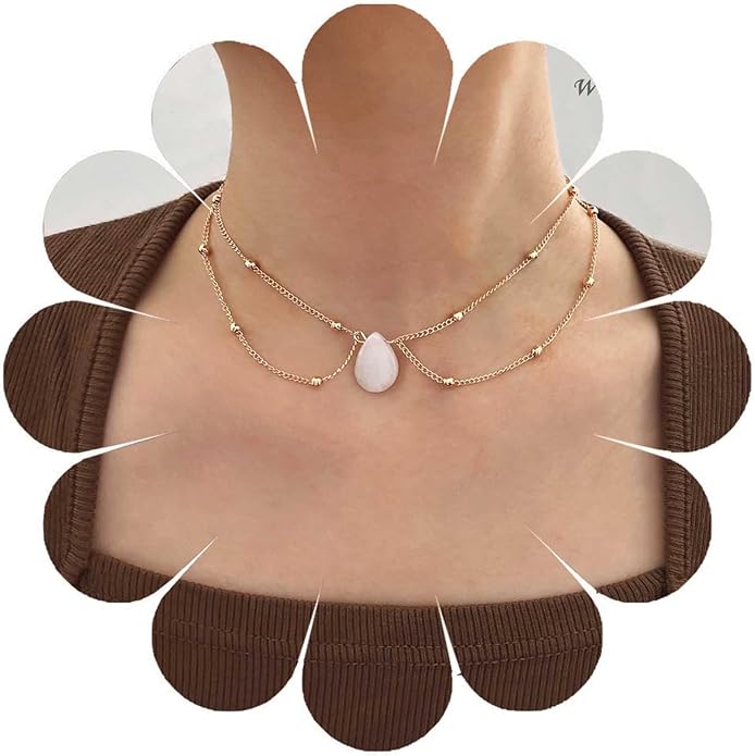 Layered Teardrop Pendant Necklace Teardrop Natural Stone Necklace Teardrop Gemstone Necklace Chain White Teardrop Necklace Choker Gold Satellite Chain Necklace Jewelry for Women and Girls-Velvo Beauty