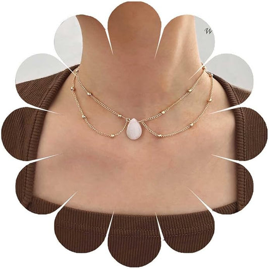 Layered Teardrop Pendant Necklace Teardrop Natural Stone Necklace Teardrop Gemstone Necklace Chain White Teardrop Necklace Choker Gold Satellite Chain Necklace Jewelry for Women and Girls-Velvo Beauty