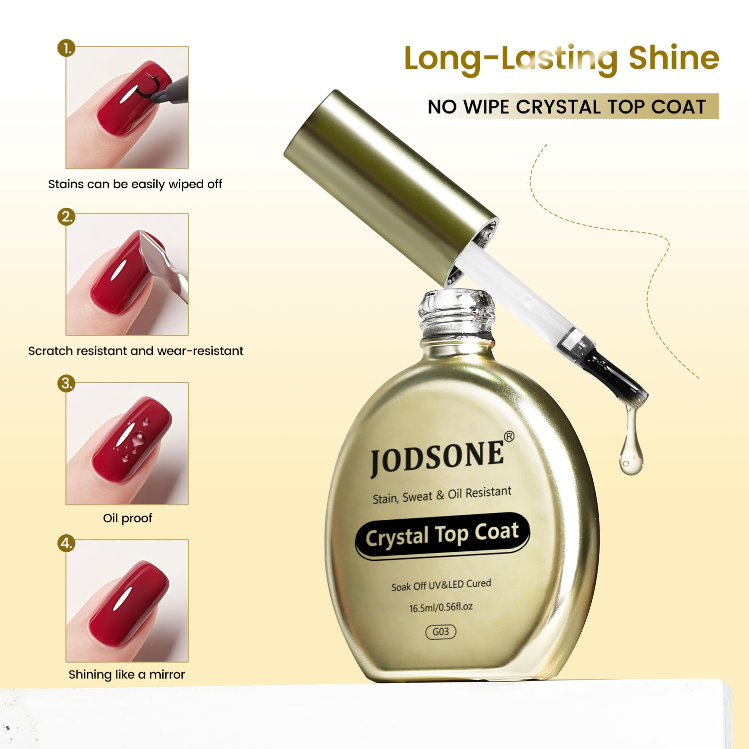 JODSONE Stain-Resistant Gel Top Coat - 16.5ml No Wipe Crystal Top Coat Gel Nail Polish, Anti-Stain & Long Lasting Gloss, for Sweaty Hands or Oil/Water Contact,U V Light Need-Velvo Beauty